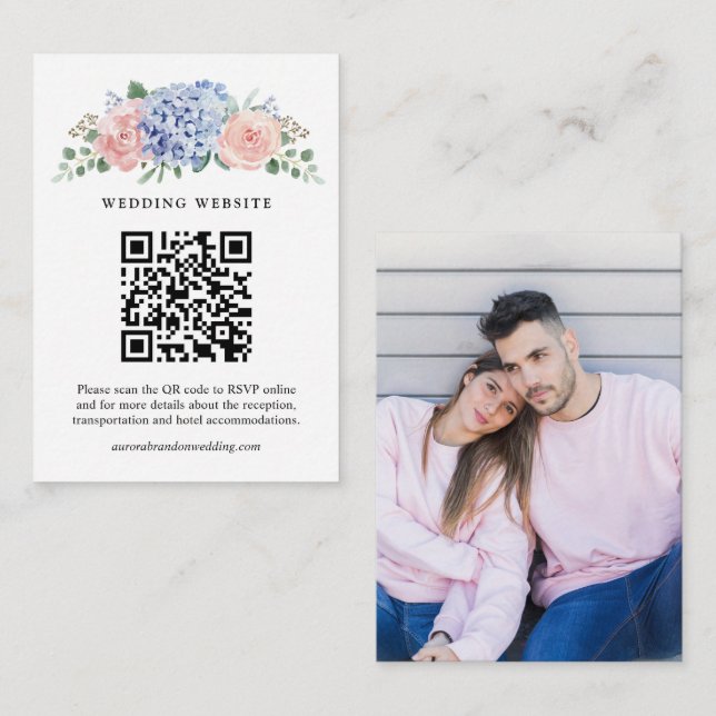 Dusty Blue Pastel Pink hydrangeas Wedding QR Code Enclosure Card (Front/Back)