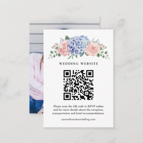 Dusty Blue Pastel Pink hydrangeas Wedding QR Code Enclosure Card
