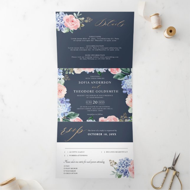 Dusty Blue Pastel Pink hydrangeas Wedding Tri-Fold (Inside)