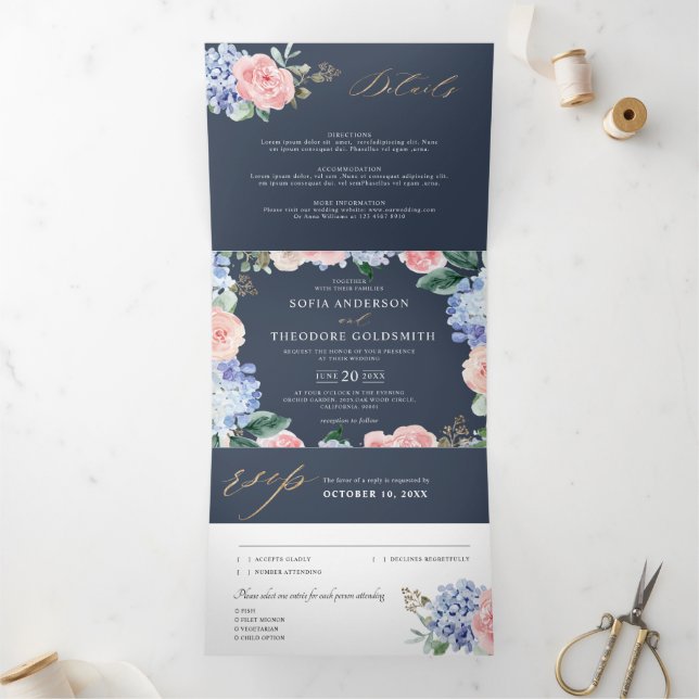 Dusty Blue Pastel Pink hydrangeas Wedding Tri-Fold (Inside)
