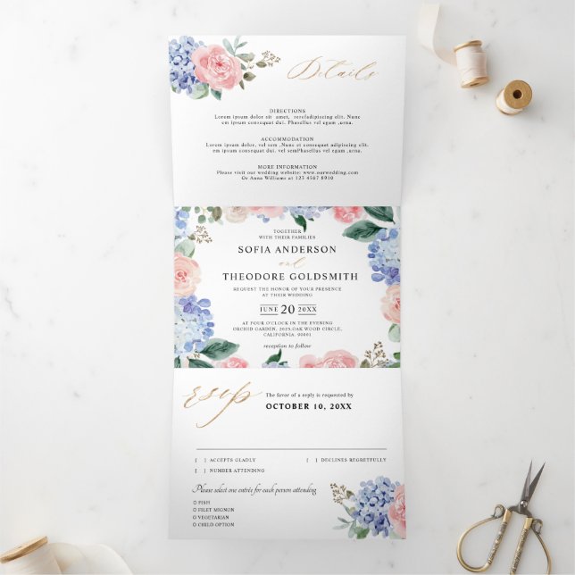 Dusty Blue Pastel Pink hydrangeas Wedding Tri-Fold Announcement (Inside)