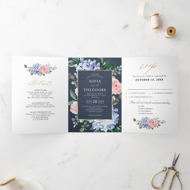 Dusty Blue Pastel Pink hydrangeas Wedding  Tri-Fold Announcement (Inside)