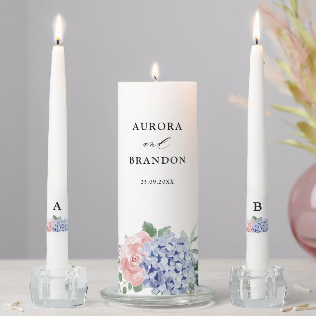 Dusty Blue Pastel Pink hydrangeas Wedding Unity Candle Set (In Situ)