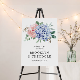 Dusty Blue Pastel Pink hydrangeas Wedding Welcome Foam Board
