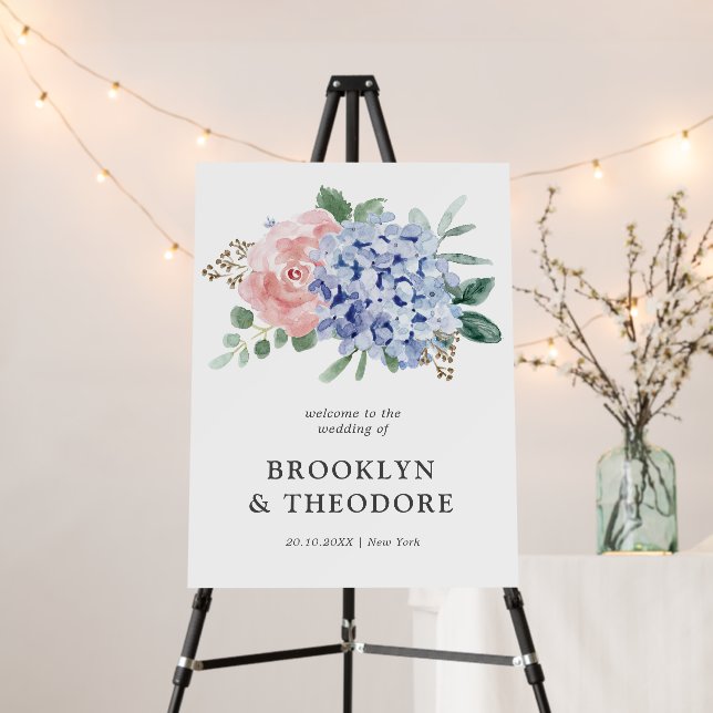 Dusty Blue Pastel Pink hydrangeas Wedding Welcome Foam Board (In Situ (Stand))