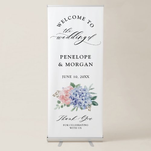 Dusty Blue Pastel Pink hydrangeas Wedding Welcome Retractable Banner