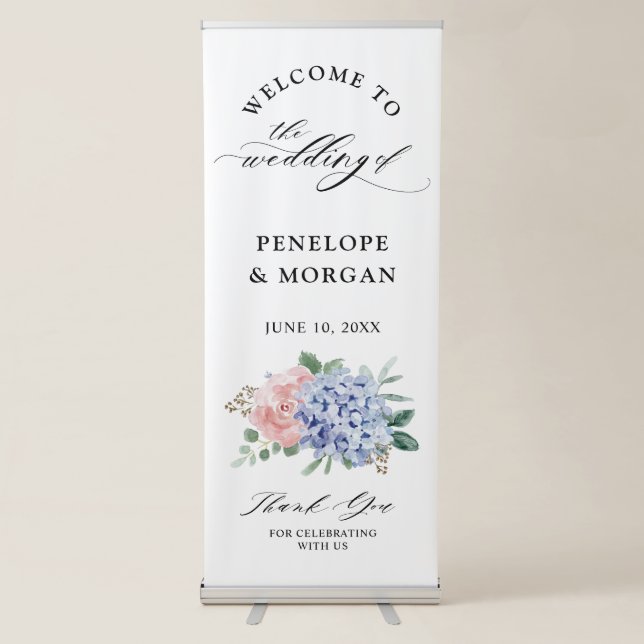 Dusty Blue Pastel Pink hydrangeas Wedding Welcome Retractable Banner (Front)