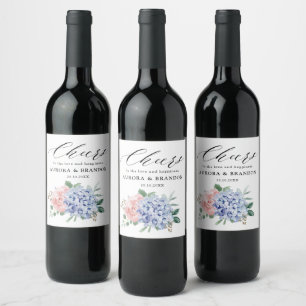 Dusty Blue Pastel Pink hydrangeas Wedding Wine Label