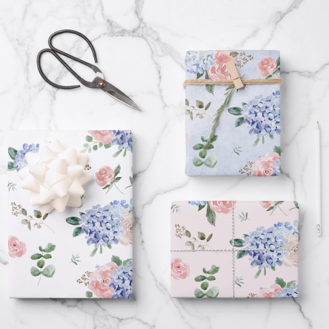 Dusty Blue Pastel Pink hydrangeas Wedding Wrapping Paper Sheets (Front)