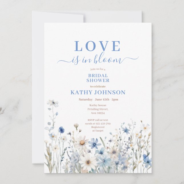 Dusty Blue Pastel Wildflower Bridal Shower  Invitation (Front)
