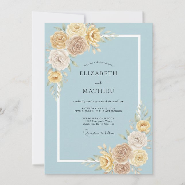 Dusty Blue Pastoral Bloom Wedding Invitation (Front)