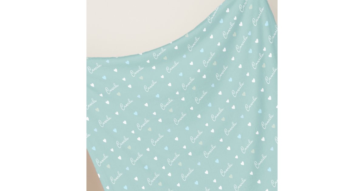 Dusty-blue pattern of hearts with repeating name fleece blanket | Zazzle