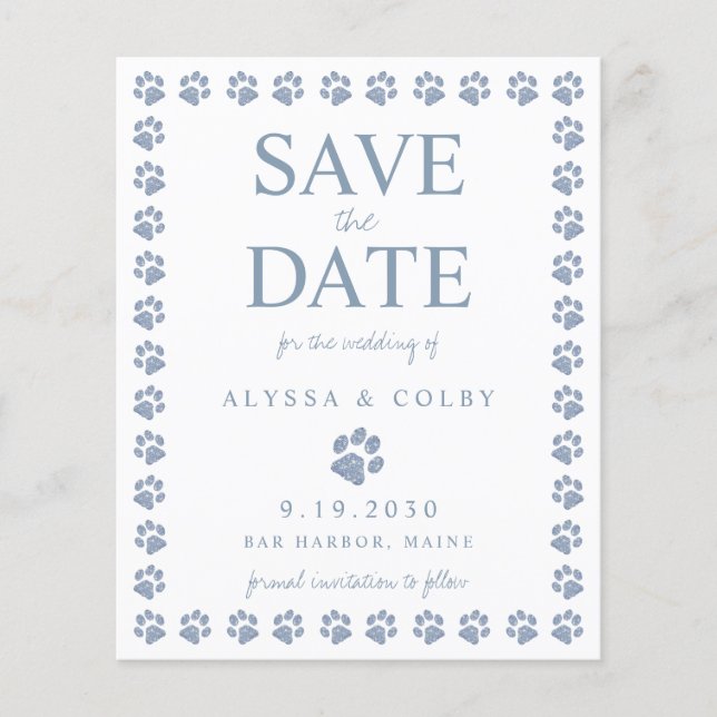 Dusty Blue Paw Print Save The Date Postcard (Front)