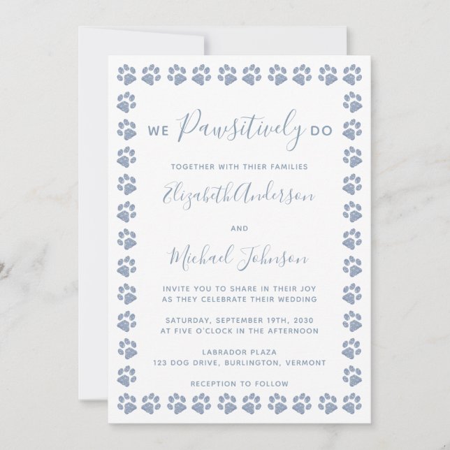Dusty Blue Paw Prints Wedding Invitation (Front)