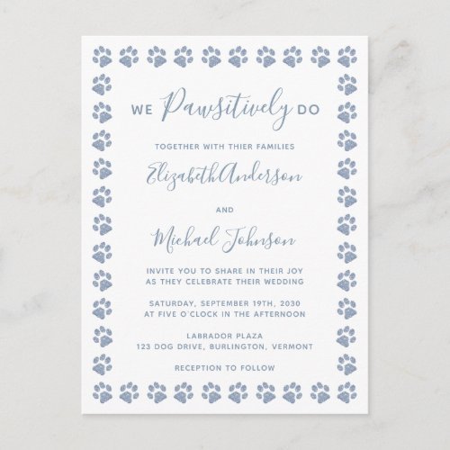 Dusty Blue Paw Prints Wedding Invitation Postcard