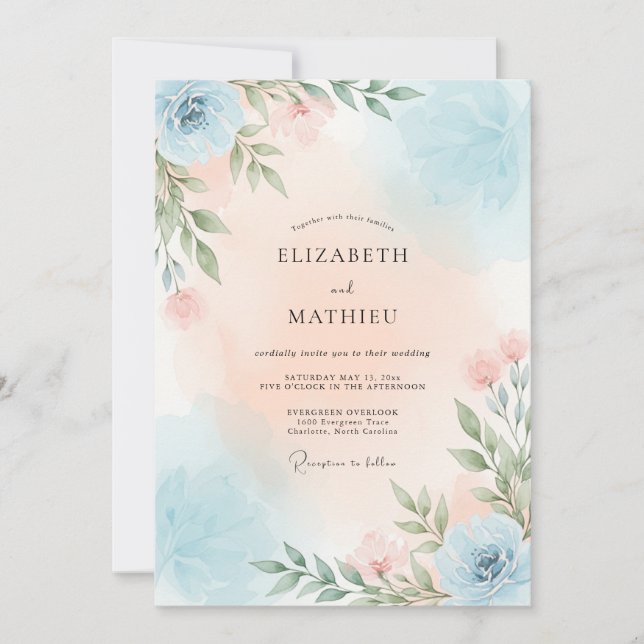 Dusty Blue Peaceful Botanical Wedding Invitation (Front)