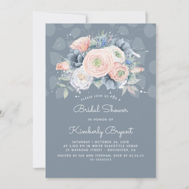 Dusty Blue Peach and Pink Floral Bridal Shower Invitation (Front)
