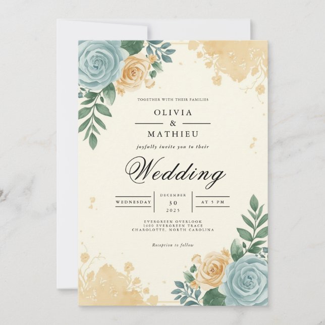 Dusty Blue & Peach Blossom Flourish Wedding Invitation (Front)