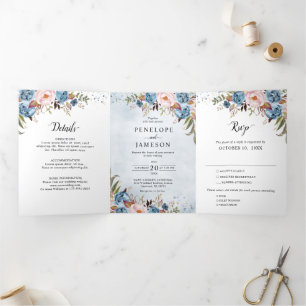  Dusty Blue Peach Blush Boho Wedding Invitation   