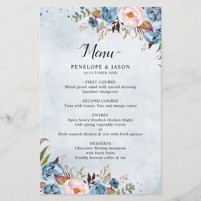 Dusty Blue Peach Blush Botanical Boho Wedding Menu (Front)