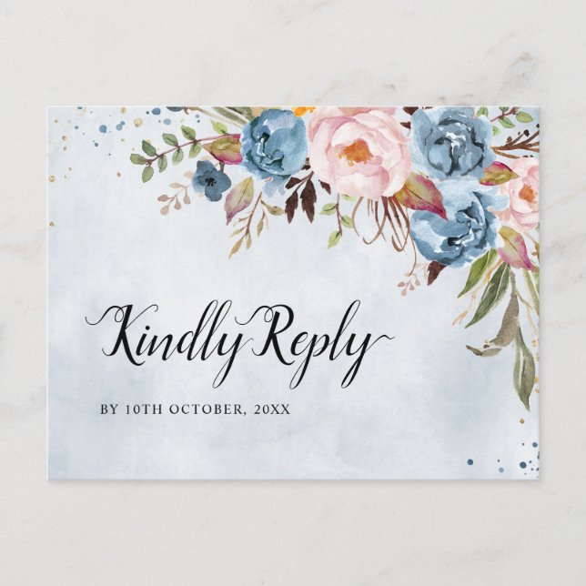 Dusty Blue Peach Blush Botanical Boho Wedding RSVP Postcard (Front)