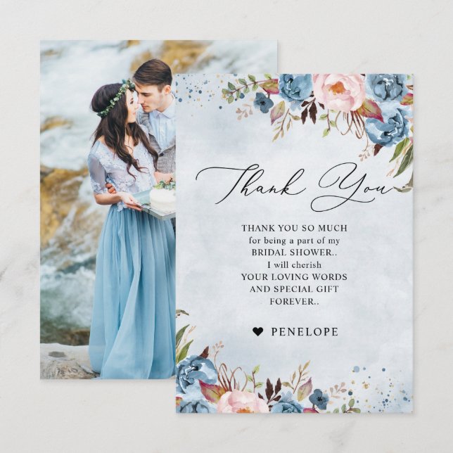 Dusty Blue Peach Blush Botanical  Bridal Shower Th Thank You Card (Front/Back)