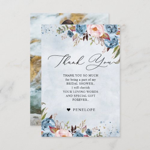Dusty Blue Peach Blush Botanical  Bridal Shower Th Thank You Card