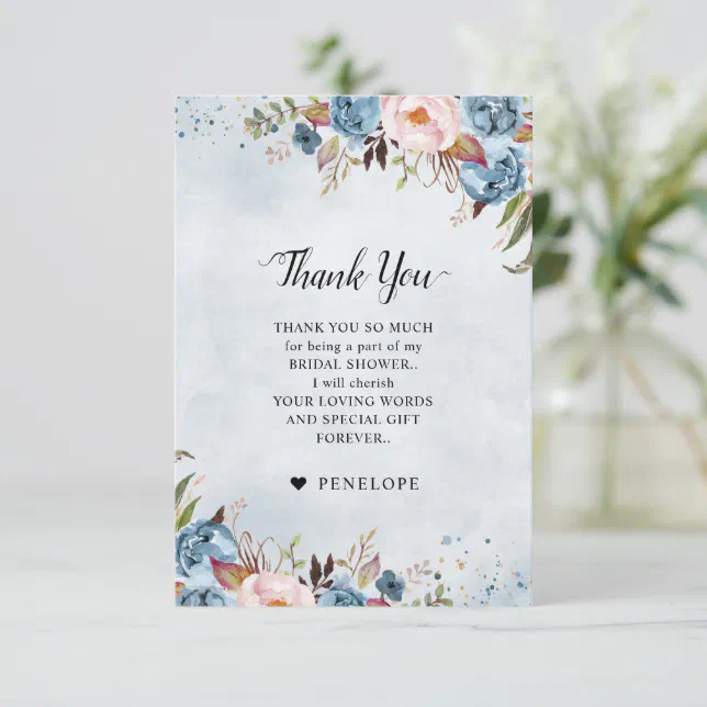 Dusty Blue Peach Blush Botanical Bridal Shower Th Thank You Card | Zazzle