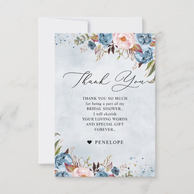 Dusty Blue Peach Blush Botanical  Bridal Shower Thank You Card (Front)