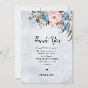  Dusty Blue Peach Blush Botanical  Bridal Shower   Thank You Card