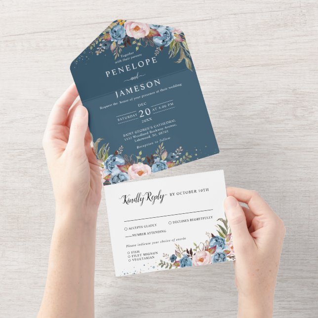 Dusty Blue Peach Blush Botanical Floral Wedding Al All In One Invitation (Tearaway)