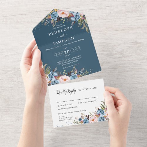 Dusty Blue Peach Blush Botanical Floral Wedding Al All In One Invitation