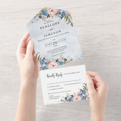 Dusty Blue Peach Blush Botanical Floral Wedding All In One Invitation
