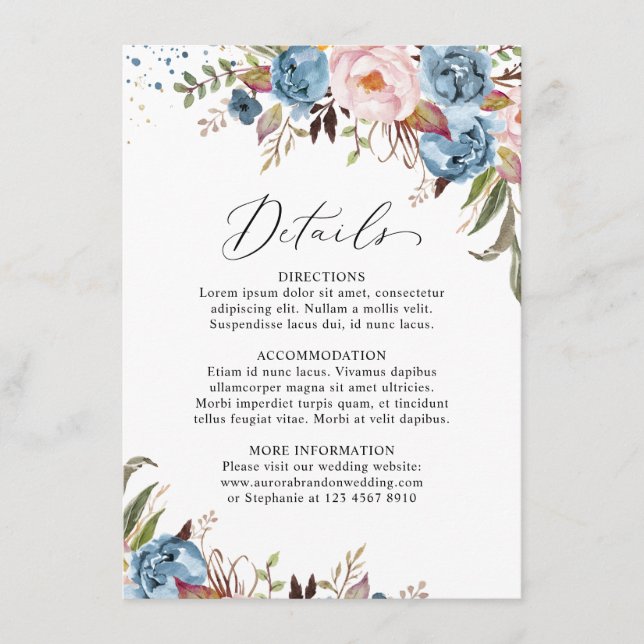 Dusty Blue Peach Blush Botanical Floral Wedding Enclosure Card (Front)