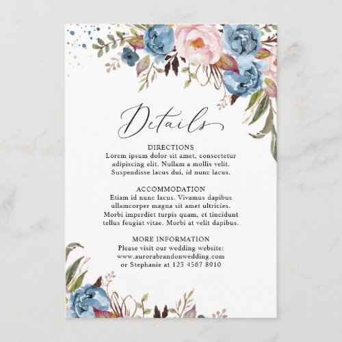 Dusty Blue Peach Blush Botanical Floral Wedding Enclosure Card