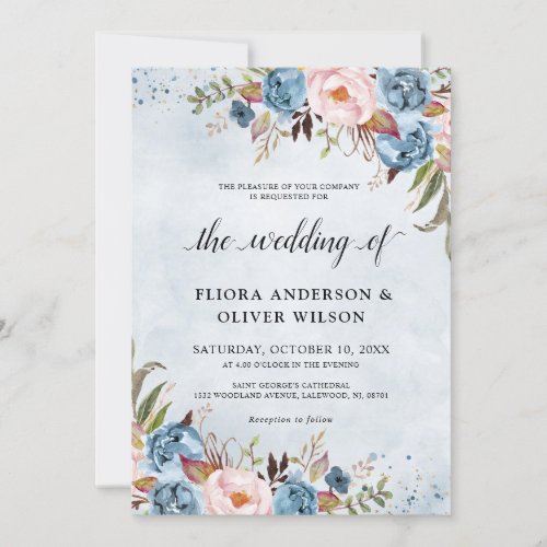 Dusty Blue Peach Blush Botanical Floral Wedding In Invitation