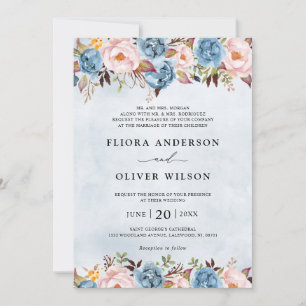 Dusty Blue Peach Blush Botanical Floral Wedding In Invitation