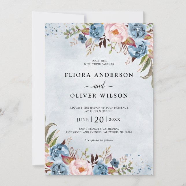 Dusty Blue Peach Blush Botanical Floral Wedding In Invitation (Front)