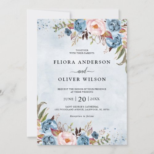 Dusty Blue Peach Blush Botanical Floral Wedding In Invitation