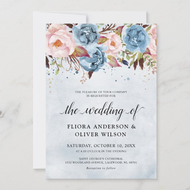 Dusty Blue Peach Blush Botanical Floral Wedding In Invitation (Front)