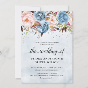 Dusty Blue Peach Blush Botanical Floral Wedding In Invitation