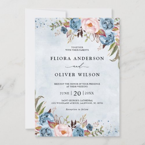 Dusty Blue Peach Blush Botanical Floral Wedding Invitation