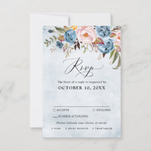 Dusty Blue Peach Blush Botanical Floral Wedding RS RSVP Card