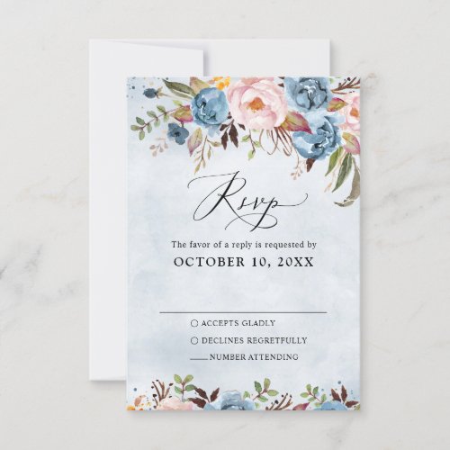 Dusty Blue Peach Blush Botanical Floral Wedding RSVP Card