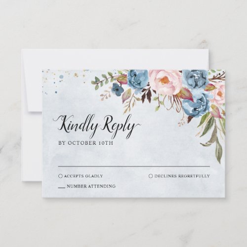 Dusty Blue Peach Blush Botanical Floral Wedding RSVP Card