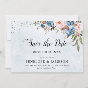 Dusty Blue Peach Blush Botanical Floral Wedding Sa Save The Date