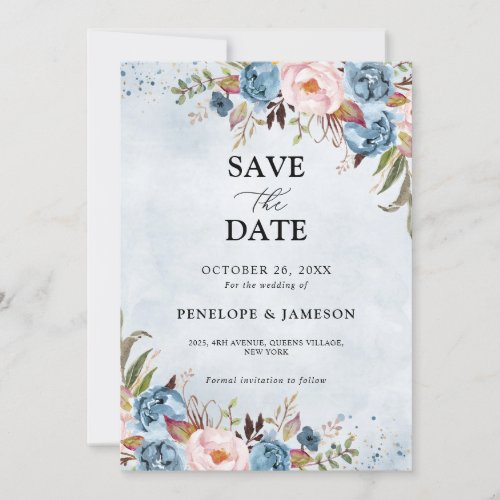 Dusty Blue Peach Blush Botanical Floral Wedding Save The Date