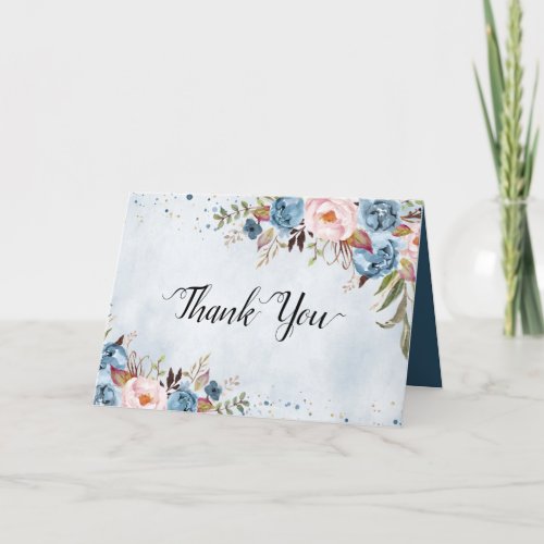 Dusty Blue Peach Blush Botanical Floral Wedding Th Thank You Card