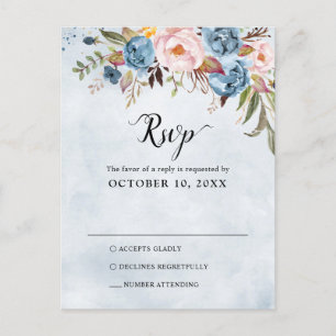 Dusty Blue Peach Blush Botanical Wedding RSVP Postcard