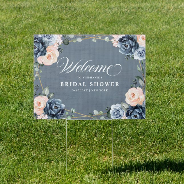 Dusty Blue Peach Blush Bridal Shower Welcome Sign (Insitu)
